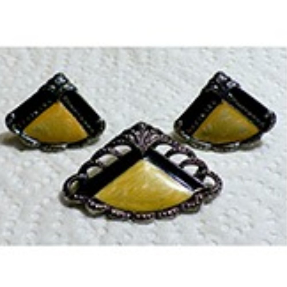 Vintage Fan Shape Brooch and Matching Clip Earrings Black Enamel Marcasites